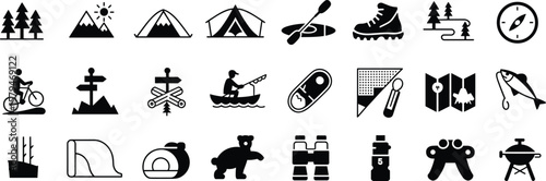 Camping, hiking, outdoor adventure, trekking icons set, nature exploration, camping gear, travel, mountain, forest, map, fishing, biking, trail, compass.