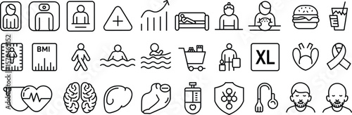 Health icons, wellness symbols, medical illustrations, fitness line icons, diet sign, nutrition clipart, healthy lifestyle, hospital pictogram, obesity awareness, mental health care, physical activity