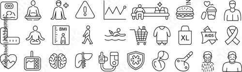 Health and wellness icon set, fitness, medical, diet, lifestyle, BMI, healthy habits, modern line icons for healthcare designs.