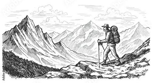 Male tourist hiking with poles in mountains engraving hand-drawn sketch black and white vector illustration SVG 