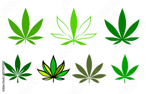 Set of svg cannabis leaves in various green colors, a stylized vector illustration perfect for medical and wellness industry branding and packaging