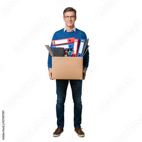 Man holding cardboard box with office supplies after job loss or moving office relocation concept on transparent background