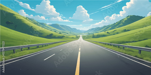 An empty asphalt road curves through a green mountain landscape under a summer sky with clouds