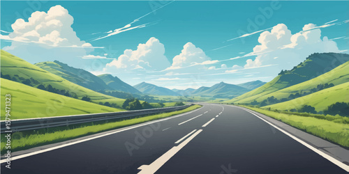 Empty asphalt highway winds through a green mountain landscape under a summer sky