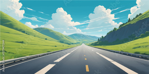 An empty asphalt highway winds through a summer mountain landscape under a vast sky, inviting a journey through nature's horizon