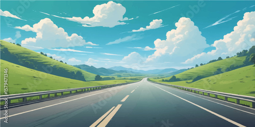 Rural summer journey on an asphalt road winding through green mountain landscapes under a cloudy sky