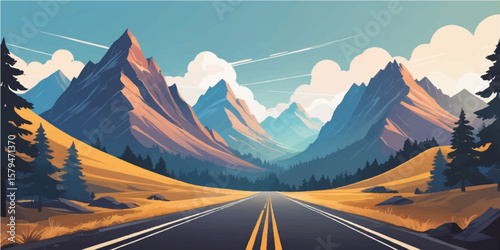 Scenic mountain highway winding through a summer landscape under a cloudy sky