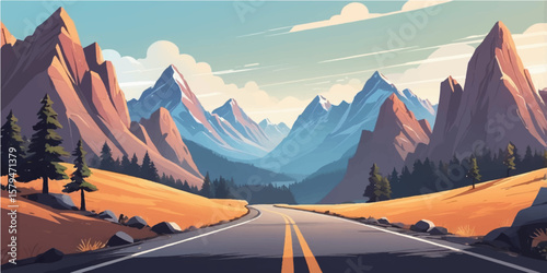 Scenic mountain highway winding through an alpine landscape under a vast sky