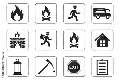 Black and White Icon Set Fire Truck Running Man House Exit Sign