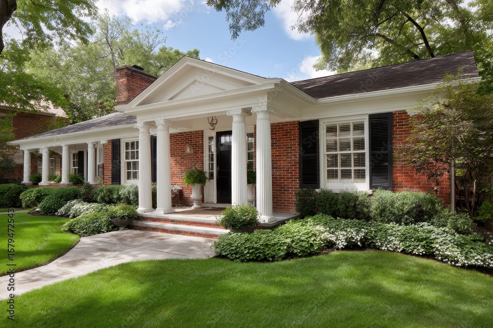 Charming Ranch House with Red Brick Columns and Welcoming Front Steps, Set in a Lush Outdoor Landscape Charming Ranch House with Red Brick Columns and Welcoming Front Steps, Set in a Lush Outdoor Landscape