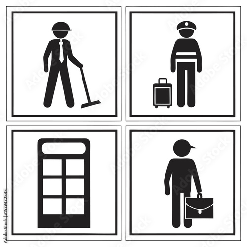 Black and White Pictograms of Workers and Objects illustration