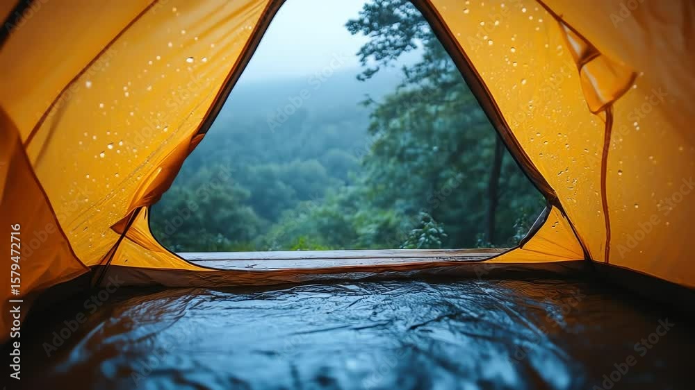 View from inside a tent rain splatters the orange fabric landscape seen through the opening