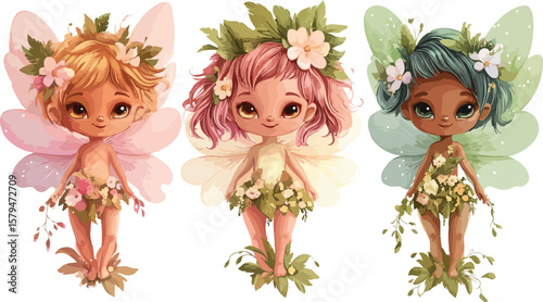Three Cute Fairy Girls with Wings and Flowers on a White Background