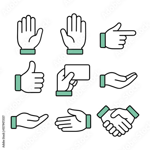 Flat icon set of various hand gestures in modern outline style. Includes open palm, pointing finger, thumbs up, holding card, handshake, and different offering poses. Colored cuffs add visual clarity