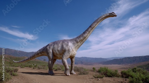 Brachiosaurus in vast landscape under clear blue sky