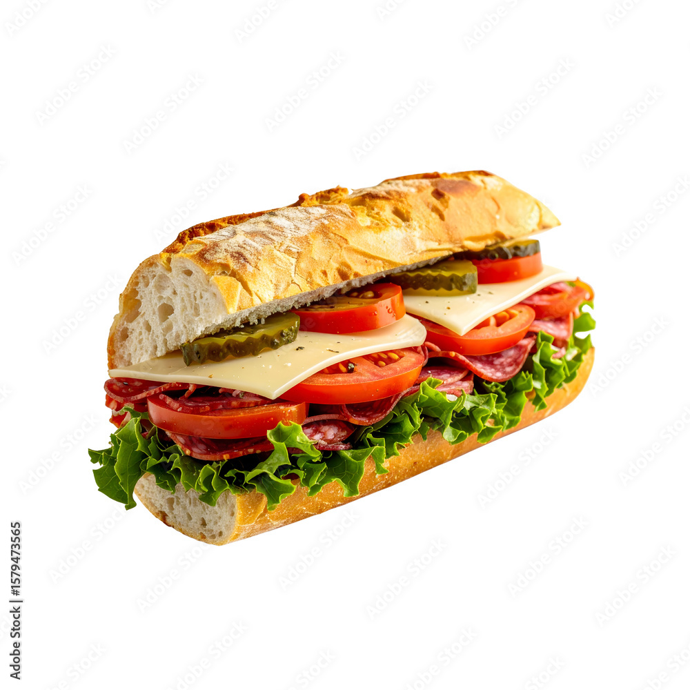 Delicious salami sandwich with cheese and tomato food on transparent background Delicious salami sandwich with cheese and tomato food on transparent background