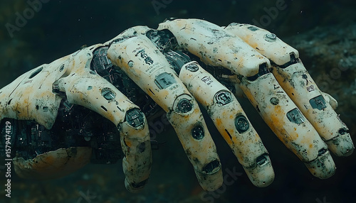 Weathered Robotic Hand in Dark Ambiance