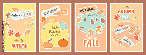 Autumn card set with collage elements. Falling leaves, pumpkins, forest mushrooms,acorns,pine cone, torn pieces of paper notes, hand written text. Cartoon vector objects with paper cut shapes.