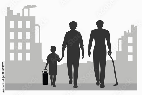 Family Walking Silhouette with Buildings and a Cane