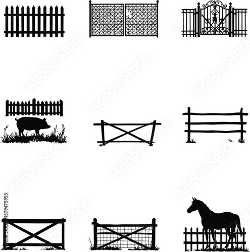 Black-and-White Vector Illustration of Fences & Gates Grid – 9-Item Architectural Silhouette Set