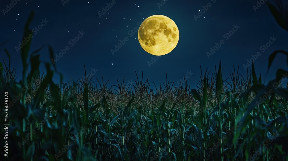 Fototapeta premium A large, yellow full moon illuminates a field of tall corn stalks under a dark, star-studded night sky
