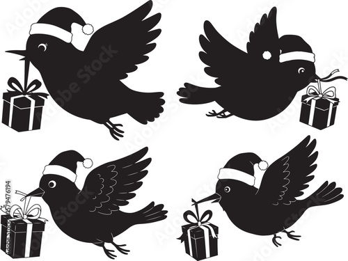 Bird In Santa Hat Delivering Gift Cartoon silhouette
