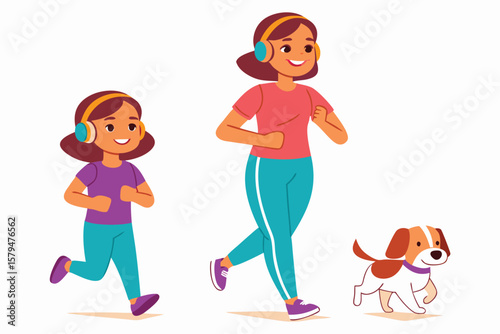 Mother and Daughter Jogging with Dog Cartoon Illustration