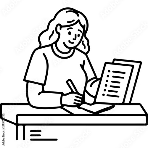 Woman writing grocery list while sitting at wooden table indoors  
