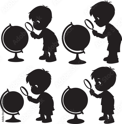 Boy Using Magnifying Glass Looking At Globe silhouette