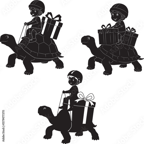 Boy In Helmet Riding Turtle With Gift silhouette
