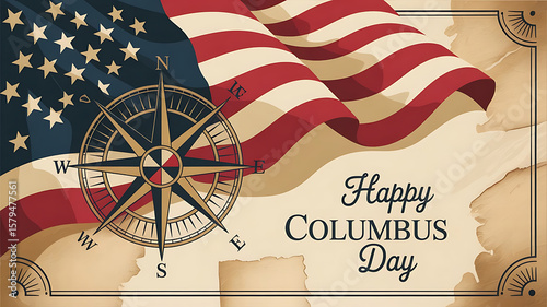 Patriotic Columbus Day Celebration with American Flag and Compass Rose Vintage Design Wishing You a Happy and Festive Holiday