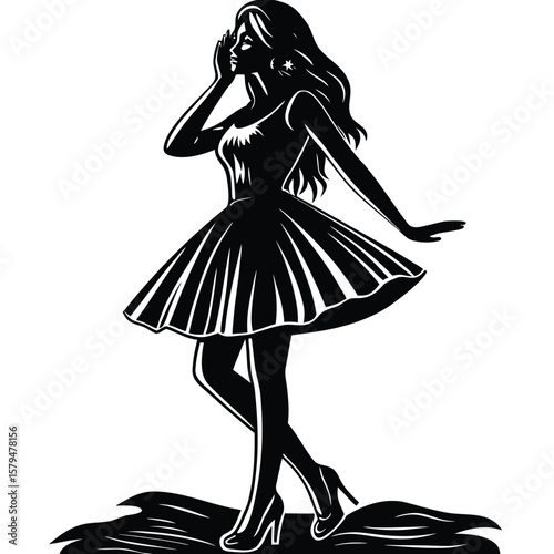 Elegant woman in a flowing dress whispering a secret captured in a striking black silhouette style