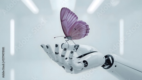 A delicate butterfly rests gently on a robotic hand, a symbolic display of technology's potential to nurture and preserve natural beauty in the world.