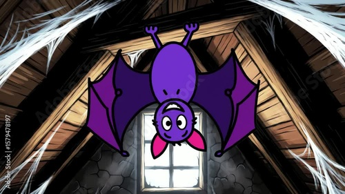 A purple cartoon bat hangs upside down in a dusty attic with a window and cobwebs