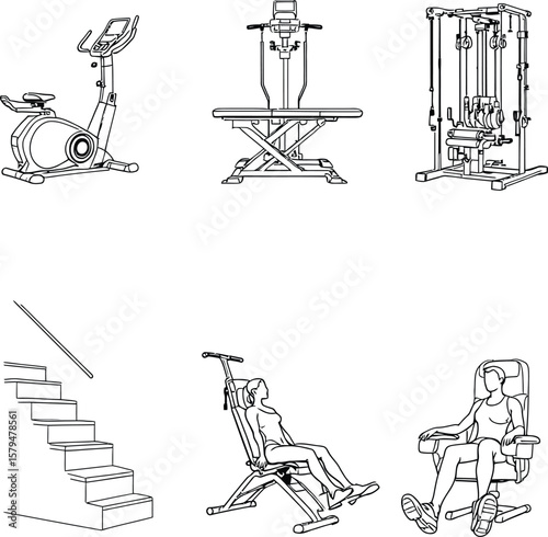 Black-and-White Vector Illustration of Gym Equipment & Workout Scene – 6-Item Fitness Silhouette Set