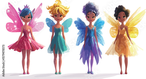 Four colorful fairy girls with wings in a row on white background