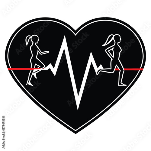 Two women running towards a finish line inside a heart shape with a heartbeat line silhouette