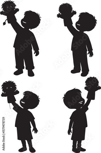Boy Playing With Lion Puppet Cartoon silhouette