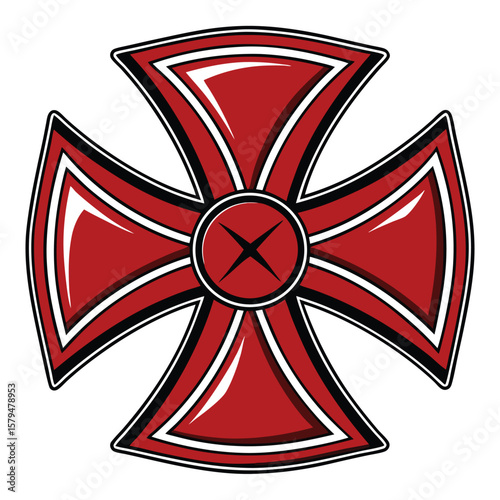 Red Maltese Cross Graphic with Black and White Outlines