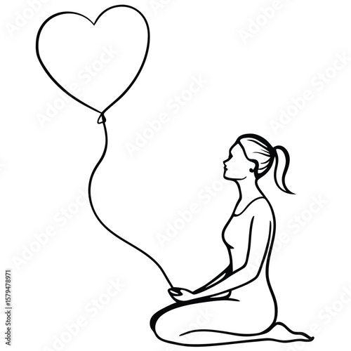Woman kneeling and looking up at a heart shaped balloon floating in the air silhouette