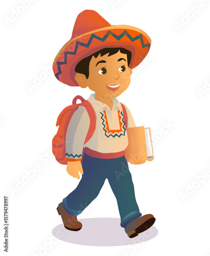 Mexican Kid with Backpack and Book – Cartoon Vector