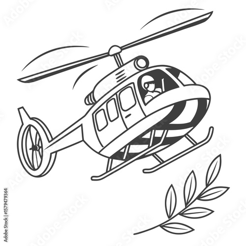 Black and white line drawing of a helicopter with pilot and branch