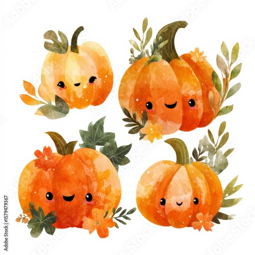 Charming watercolor pumpkins featuring cute expressions and foliage in a delightful autumn arrangement for seasonal decor Generative AI