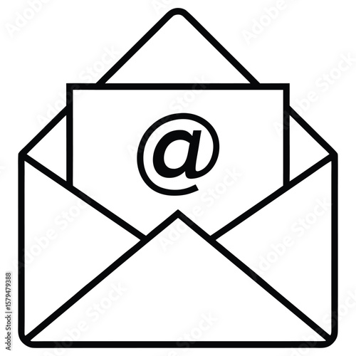 Open envelope with an at symbol on paper inside representing email communication and digital messaging silhouette