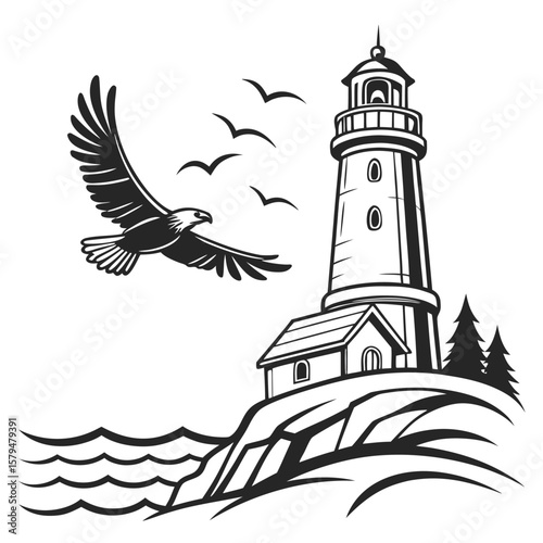 Eagle flying over lighthouse on rocky coast with waves and trees
