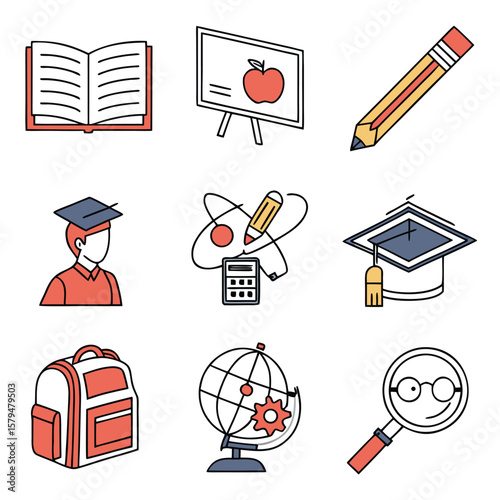 Education icons open book graduation cap globe magnifying glass