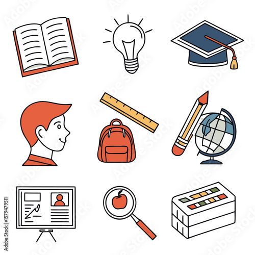 School and Education Icons with Orange and Blue Accents
