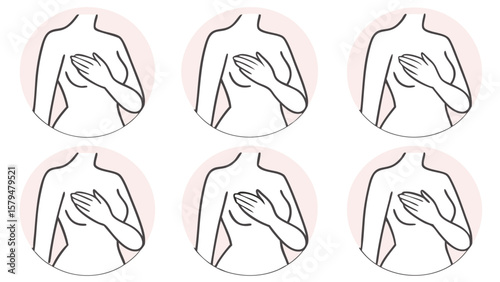 Six minimalist line art illustrations of female bodies with hands on chest