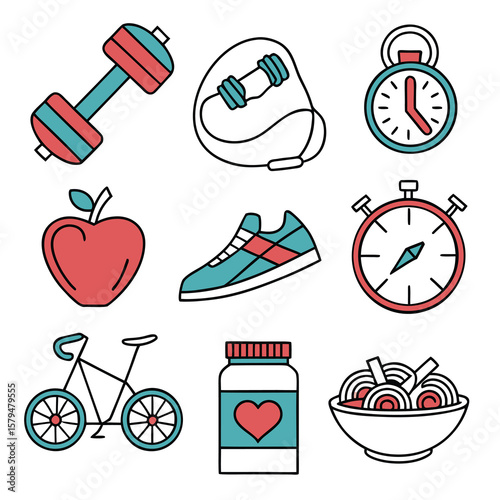 Fitness and healthy lifestyle icons in red and teal