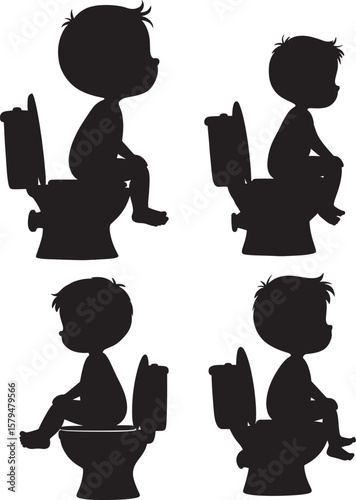 Boy Sitting On Toilet Bowl Cartoon silhouette